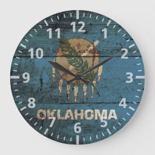 Oklahoma State Flag on Old Wood Grain Large Clock