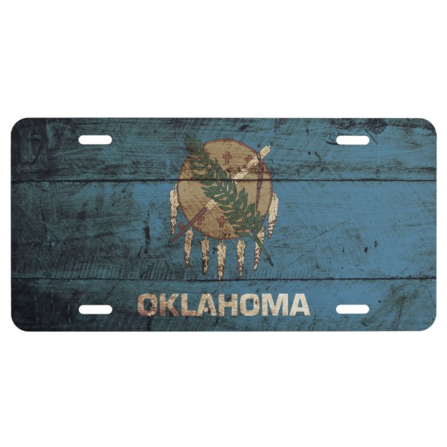 Oklahoma State Flag on Old Wood Grain License Plate (Front)