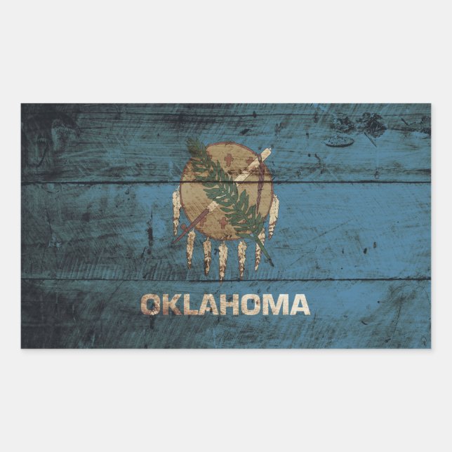 Oklahoma State Flag on Old Wood Grain Rectangular Sticker (Front)