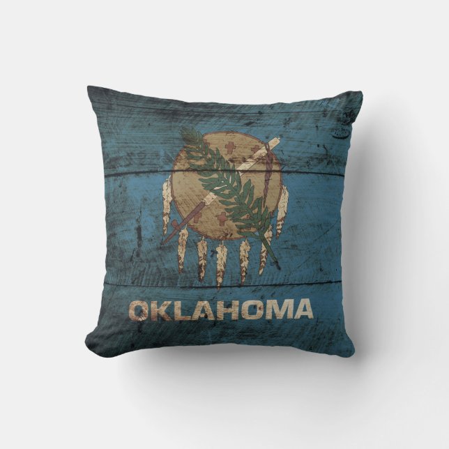 Oklahoma State Flag on Old Wood Grain Throw Pillow (Front)