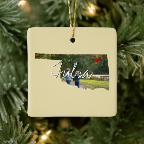 Oklahoma State Photo insert and town name Ceramic Ornament
