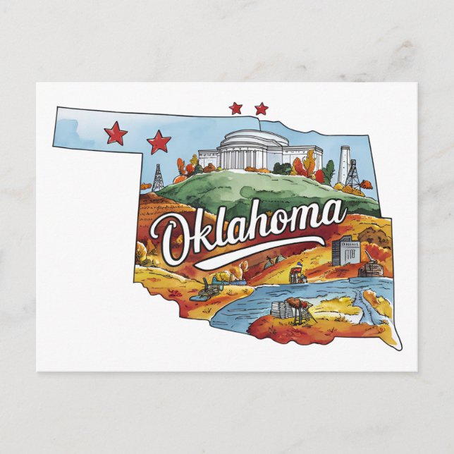 Oklahoma USA State Shaped Vintage Watercolor Postcard (Front)