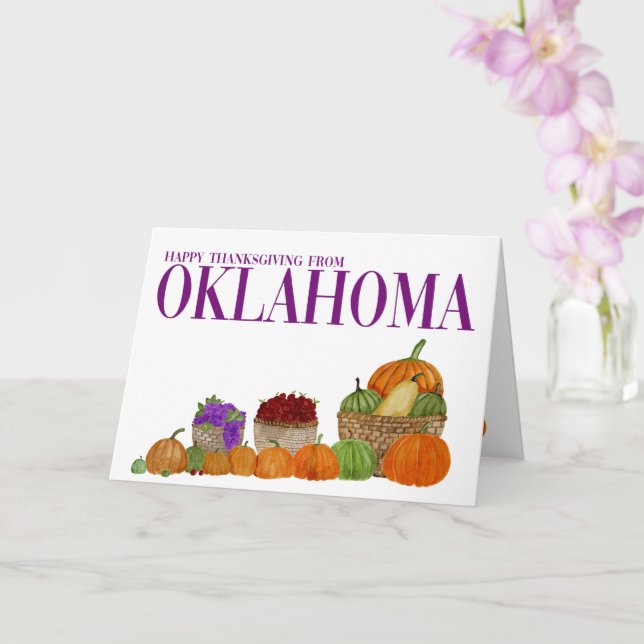 Oklahoma Watercolor Pumpkins Thanksgiving Card (Orchid)