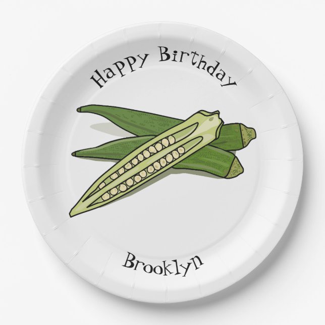 Okra cartoon illustration paper plates (Front)