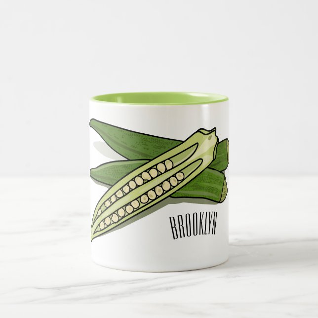 Okra cartoon illustration Two-Tone coffee mug (Center)