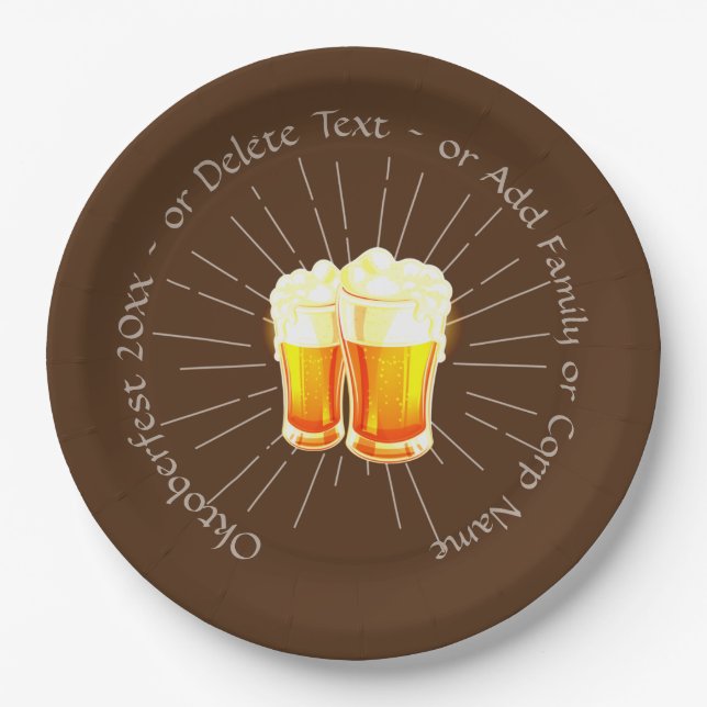 Oktoberfest 20xx Beer Glasses Brown Sunburst 9"  Paper Plates (Front)