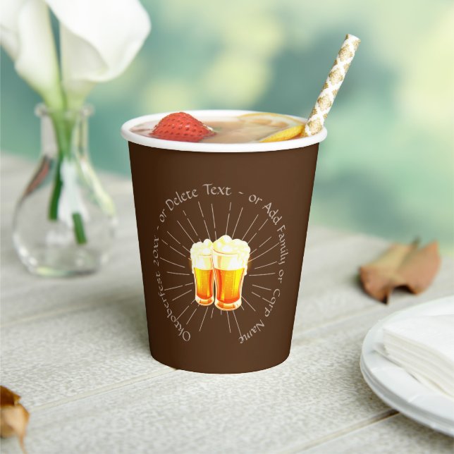 Oktoberfest 20xx Beer Glasses Brown Sunburst Paper Cups (Insitu)