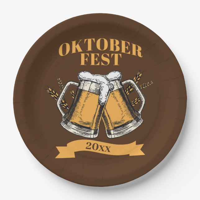 Oktoberfest 20xx Year Steins Brown Beer Party 9" Paper Plates (Front)
