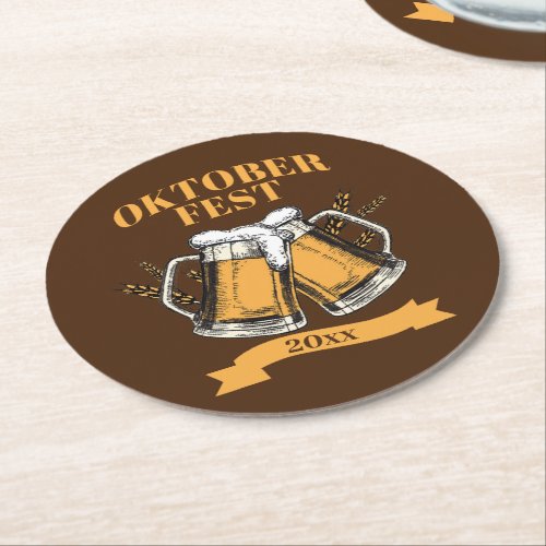 Oktoberfest 20xx Year Steins Brown Beer Party    Round Paper Coaster