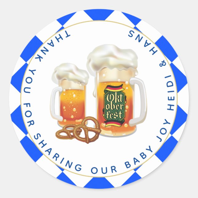 Oktoberfest Baby Shower Baby Is Brewing BEER PRETZ Classic Round Sticker (Front)