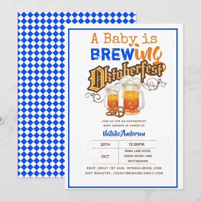 Oktoberfest Baby Shower Baby Is Brewing BEER PRETZ Invitation (Front/Back)