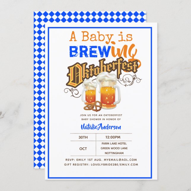 Oktoberfest Baby Shower Baby Is Brewing BEER PRETZ Invitation (Front/Back)