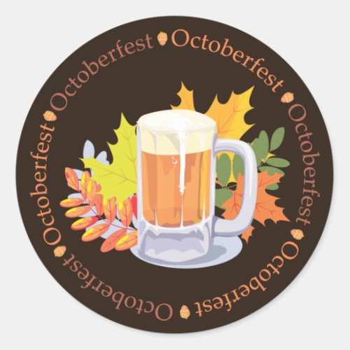 Oktoberfest Beer and Autumn Leaves brown Classic Round Sticker