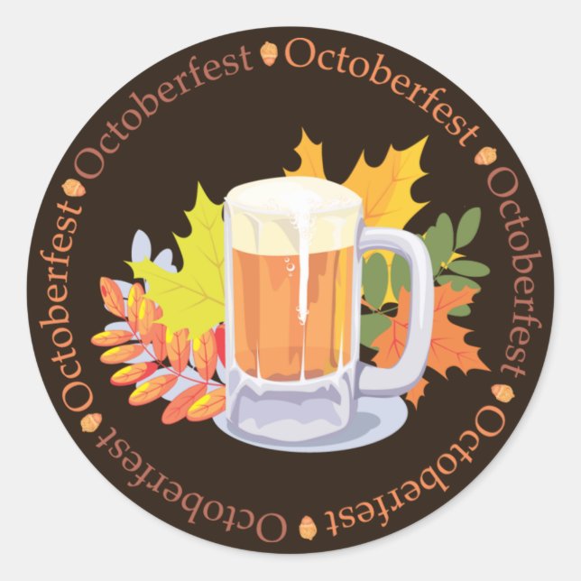 Oktoberfest Beer and Autumn Leaves, brown Classic Round Sticker (Front)