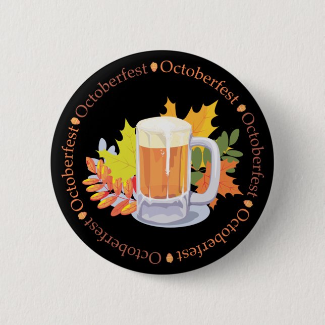 Oktoberfest Beer and Autumn Leaves, brown Pinback Button (Front)