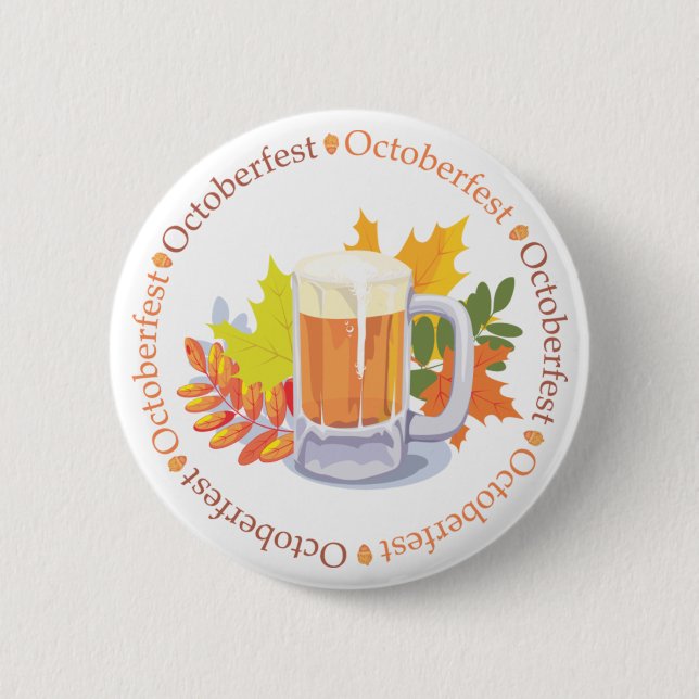 Oktoberfest Beer and Autumn Leaves Button (Front)