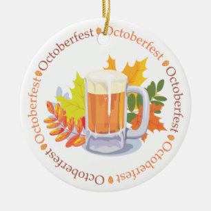 Oktoberfest Beer and Autumn Leaves Ceramic Ornament