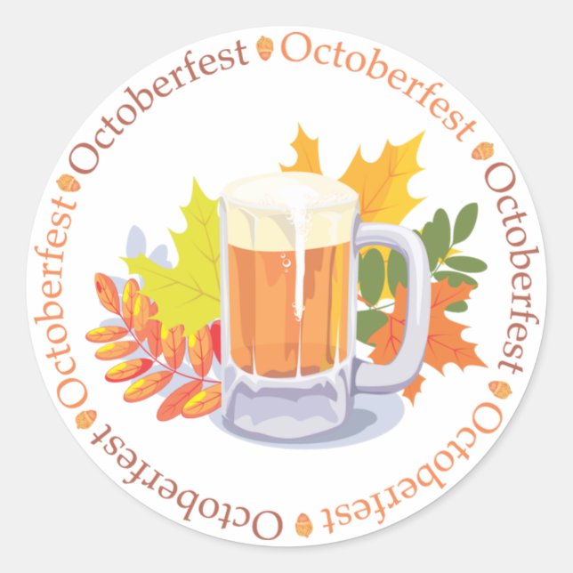 Oktoberfest Beer and Autumn Leaves Classic Round Sticker (Front)