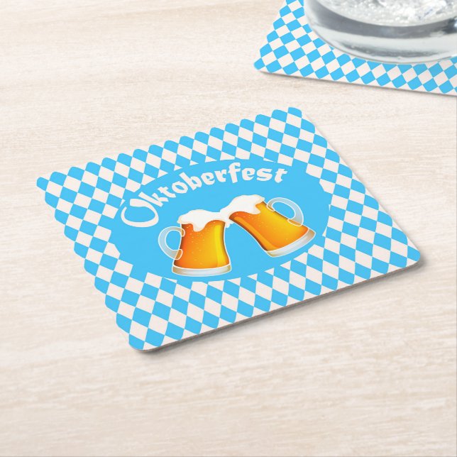Oktoberfest Beer Bavarian Pattern  Square Paper Coaster (Angled)