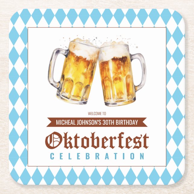 Oktoberfest Beer Birthday Party  Square Paper Coaster (Front)