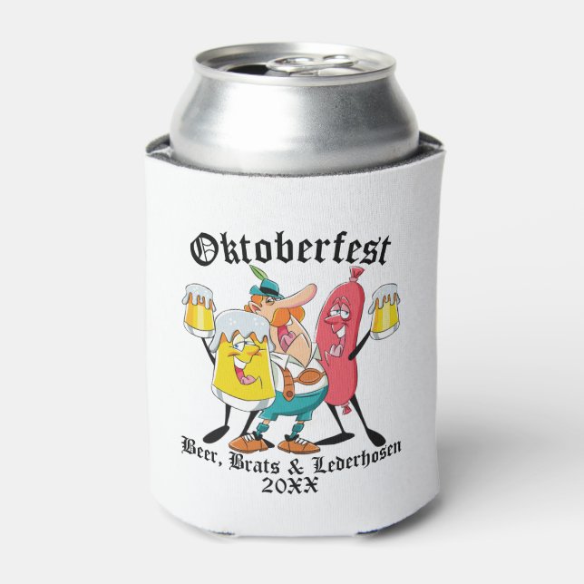 Oktoberfest Beer Brats & Lederhosen Can Cooler (Can Front)