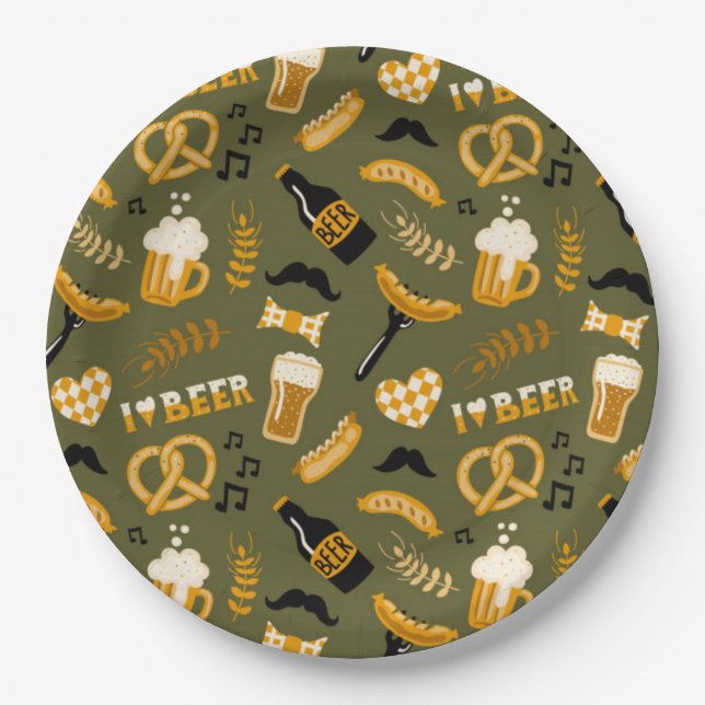 Oktoberfest Beer Food Seamless Pattern Paper Plates (Front)