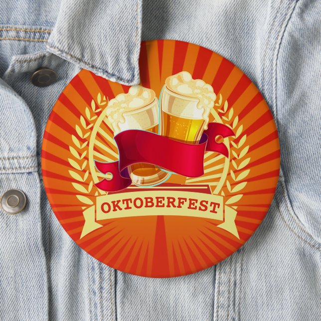 Oktoberfest Beer Glasses on Red Gold Sunburst Button (In Situ)