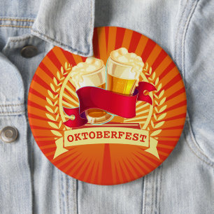 Oktoberfest Beer Glasses on Red Gold Sunburst Button