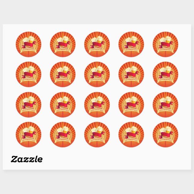 Oktoberfest Beer Glasses on Red Gold Sunburst   Classic Round Sticker (Sheet)