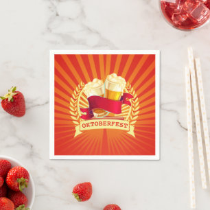 Oktoberfest Beer Glasses on Red Gold Sunburst Napkins
