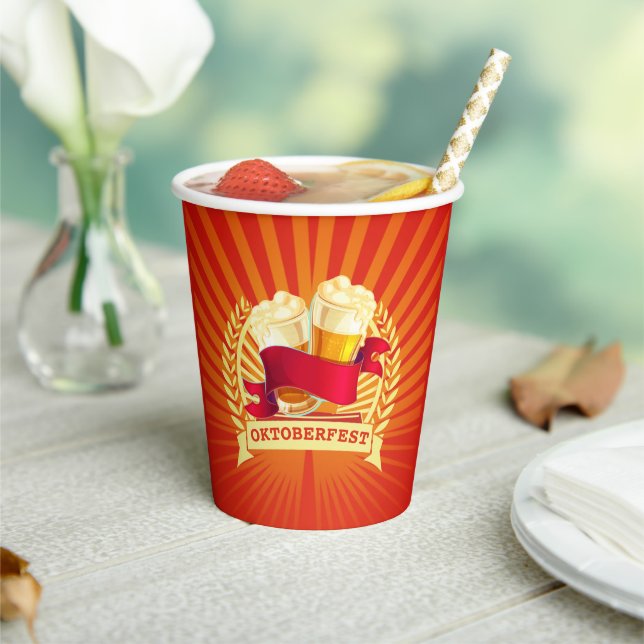 Oktoberfest Beer Glasses on Red Gold Sunburst Paper Cups (Insitu)