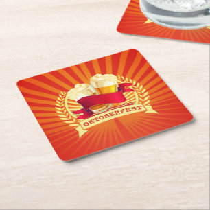 Oktoberfest Beer Glasses on Red Gold Sunburst Square Paper Coaster
