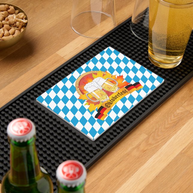 Oktoberfest Beer Mugs on Bavarian Flag Pattern Bar Mat (Insitu (Bar 2))