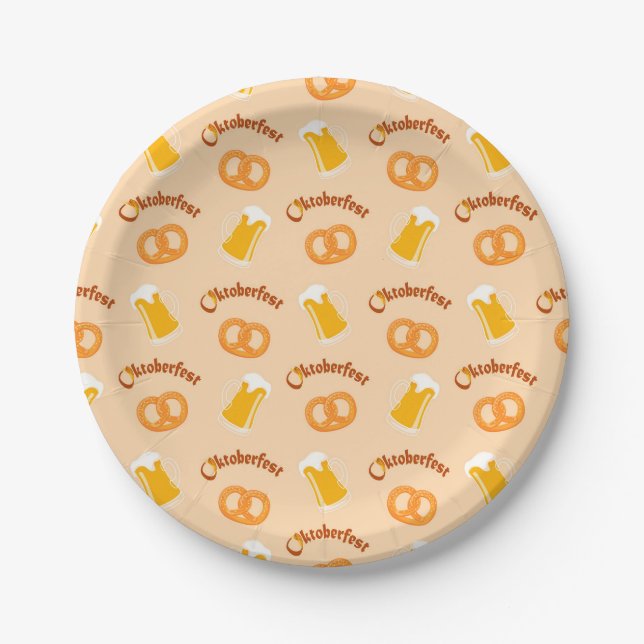 Oktoberfest Beer&Pretzel Pattern  Paper Plates (Front)
