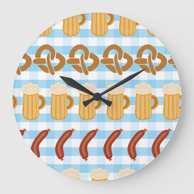 Oktoberfest: beer, pretzel, sausage pattern large clock (Front)