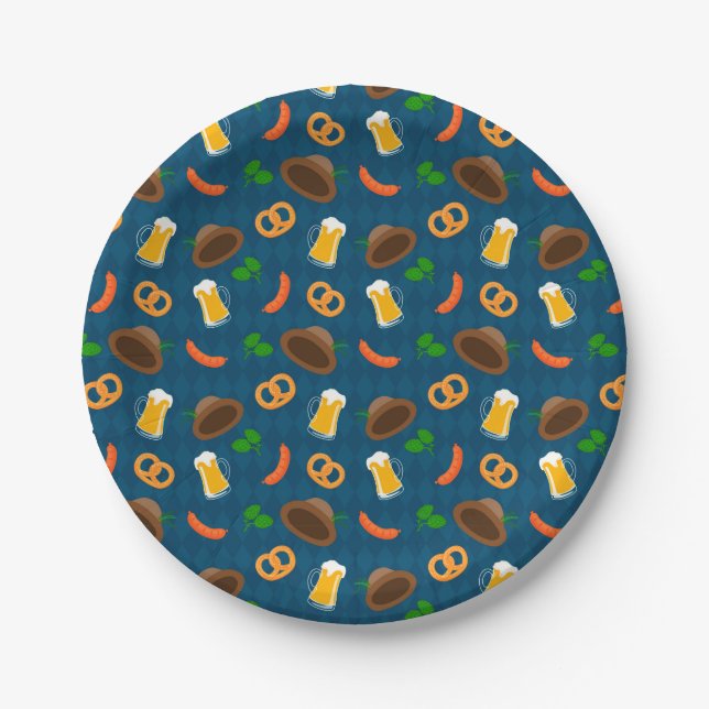 Oktoberfest Beer, Pretzel & Sausage Pattern  Paper Plates (Front)