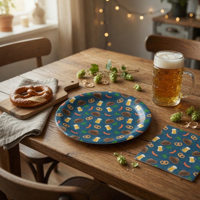 Oktoberfest Beer, Pretzel & Sausage Pattern  Paper Plates (Creator Uploaded)