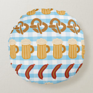 Oktoberfest: beer, pretzel, sausage pattern round pillow
