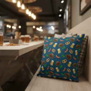 Oktoberfest Beer, Pretzel & Sausage Pattern Throw Pillow