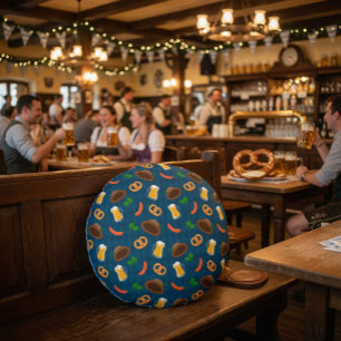 Oktoberfest Beer, Pretzel & Sausage Pattern Throw Round Pillow