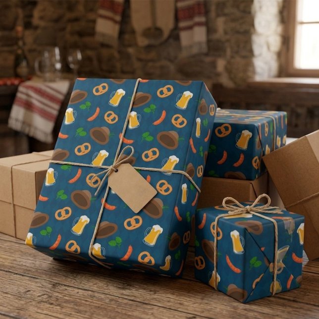 Oktoberfest Beer, Pretzel & Sausage Pattern Wrappi Wrapping Paper (Creator Uploaded)