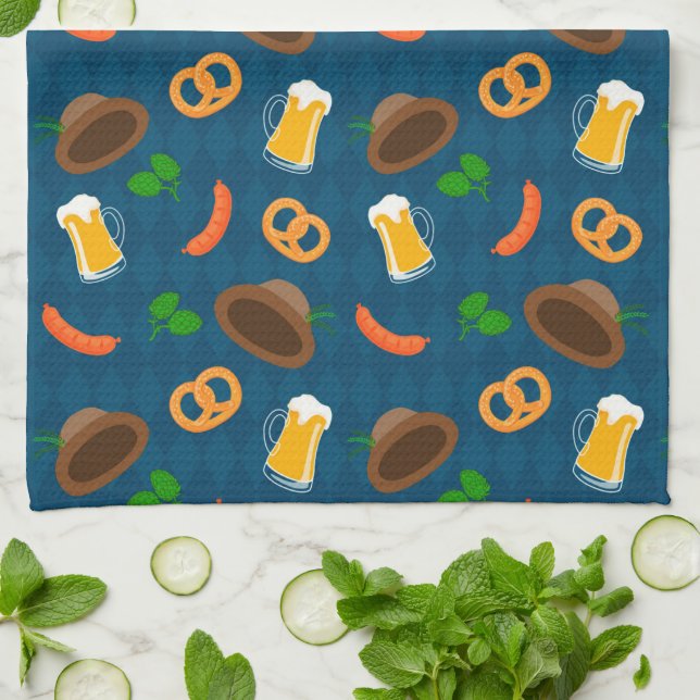 Oktoberfest Beer, Pretzels & Sausages Bavarian  Kitchen Towel (Folded)