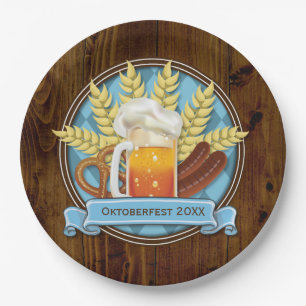 Oktoberfest Beer Sausage Pretzel Logo, bavarian Paper Plates