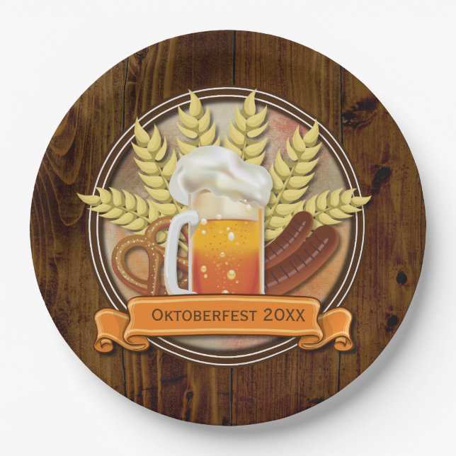 Oktoberfest Beer Sausage Pretzel Logo, muted Paper Plates (Front)