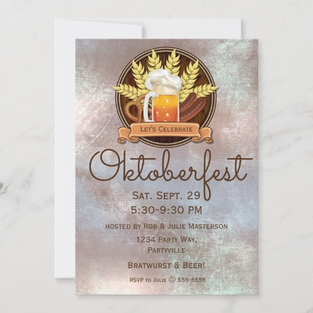 Oktoberfest Beer Sausage Pretzel Logo, wood Invitation (Front)