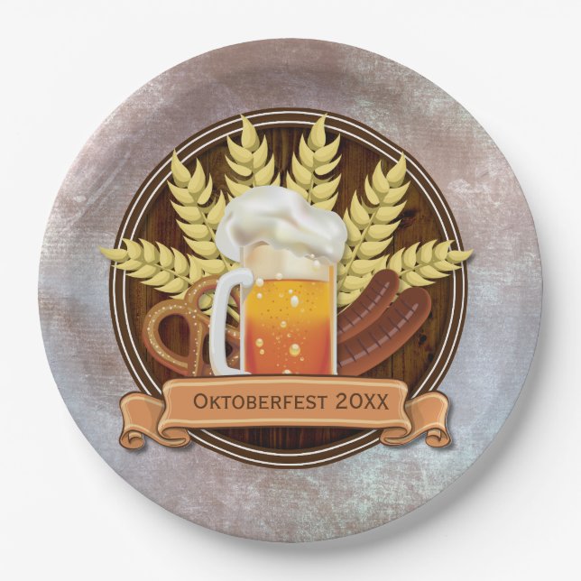 Oktoberfest Beer Sausage Pretzel Logo, wood Paper Plates (Front)