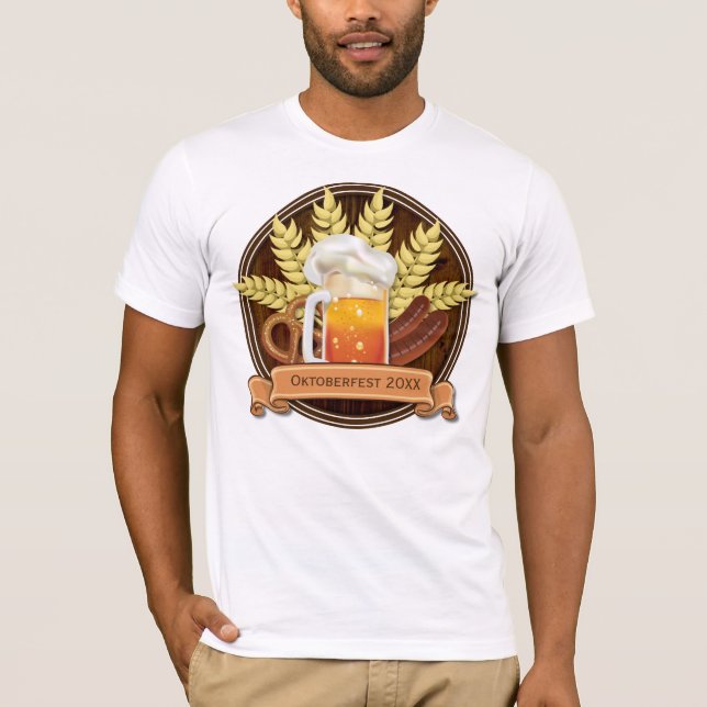 Oktoberfest Beer Sausage Pretzel Logo, wood T-Shirt (Front)