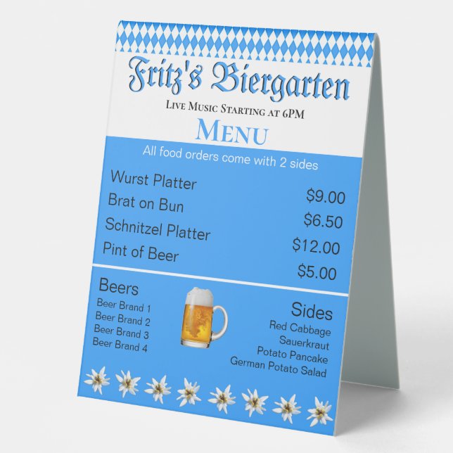 Oktoberfest Biergarten Menu  Table Tent (Front)