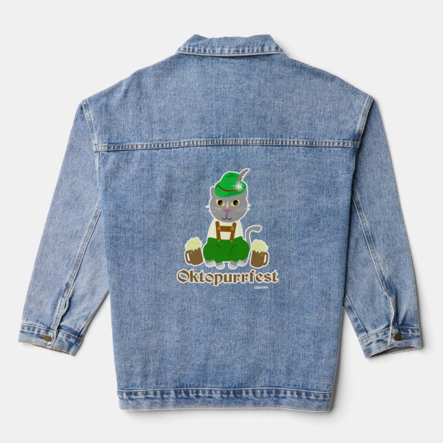 Oktoberfest Cat Cartoon Art Fun Design Denim Jacket (Back)