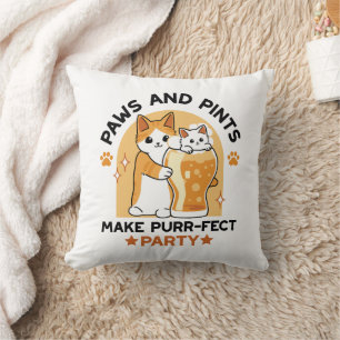 Oktoberfest Cat Party Paws and Pints Throw Pillow